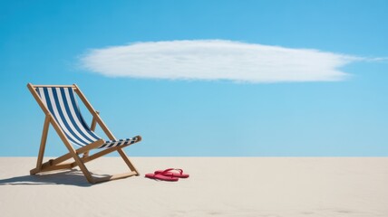 Solitude by the Shore: A tranquil beach scene unfolds, showcasing a solitary beach chair and a pair of flip-flops resting on soft sand under a bright sky and a fluffy cloud.