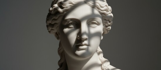 Obraz premium Calm Marble Bust Under Dramatic Side Light, Classical Woman Profile, Soft Shadows, Sculpted Wavy Hair, Subtle Chisel Marks, Weathered Patina, Neutral Grey Background, Contemplative Timeless