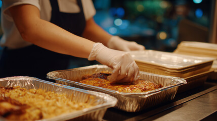 Cinematic detail shot of young womanâs hands closing takeaway containers, gloves slightly textured, clean counter and neutral tones, focus on food safety and contactless service du