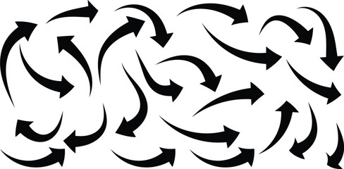 Fototapeta premium Hand drawn black charcoal symbols for hand drawn diagrams. Vector doodle marker drawing. Freehand different curved arrows, swirls, crosses, circles and check marks.