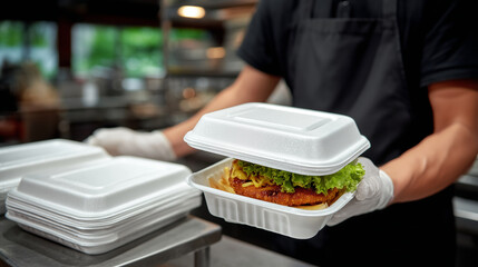 Macro-style close-up of takeaway fast food being packed, gloved hands, clean packaging, uncluttered workspace, coronavirus outbreak food service context, minimalist and brandless c