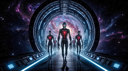 Obraz premium Futuristic Alien Invasion Through a Galactic Tunnel Elongated Beings with Red Hearts and Glowing Eyes in a Dark Space Portal of Swirling Stars
