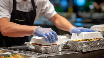 Detailed close-up of hands packing takeaway fast food, gloves, paper boxes, and clean metal surface visible, emphasis on sanitation and safety during coronavirus outbreak, brand-fr