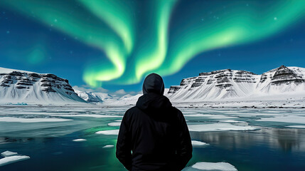 Back View of Hooded Traveler in Solitary Awe Admiring Vibrant Northern Lights Over Snow-Covered Icelandic Mountains and Frozen Lake