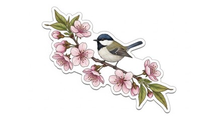 Serene Bird on Cherry Blossom Branch Detailed Hand Drawn Style Sticker