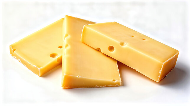 Three Maasdam Cheese Blocks Staggered on Crisp White Background, Vibrant Orange Hue, Soft Lighting Emphasizing Texture, Depth, and Gourmet Appeal