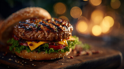 High-detail close-up of a fresh grilled burger, smoky char marks on the meat, layers of cheese, lettuce and tomato, soft background bokeh enhancing visual depth and indulgence