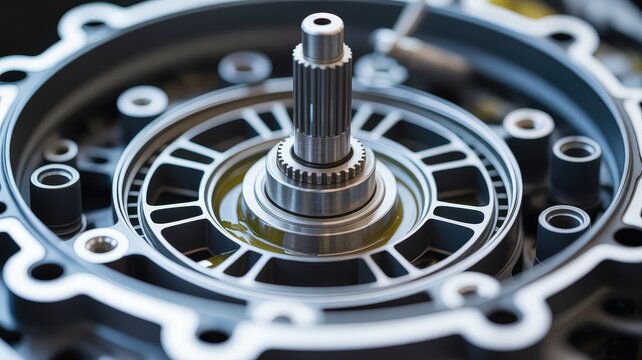 Close-up of a complex mechanical component, likely from a vehicle transmission or engine, showcasing intricate gears and a central shaft.