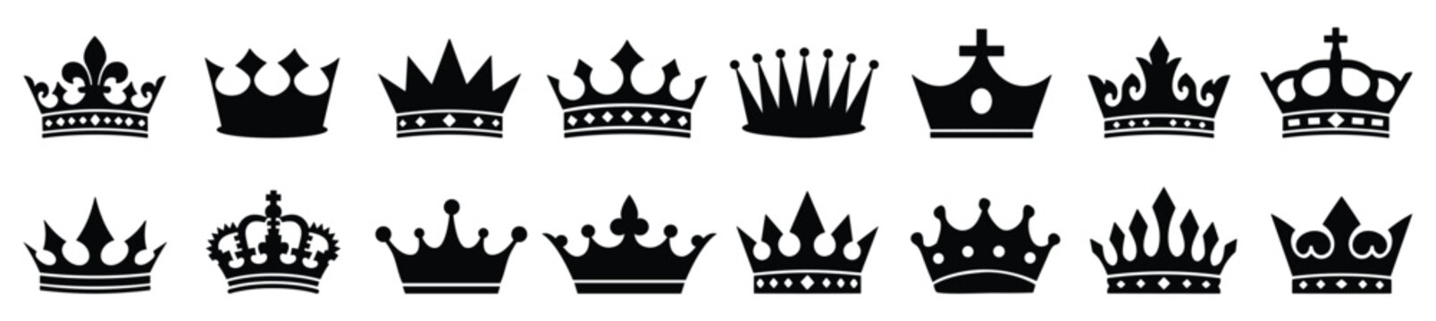 Crown vector collection. Black crown icon set. King and queen royal symbols. Exclusive VIP premium signs. Luxury heraldic emblem.