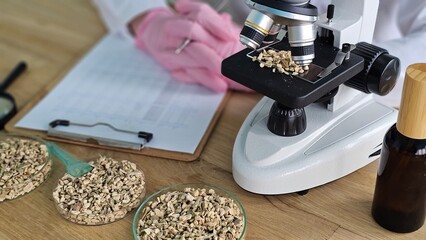 Scientist analyzes samples of plant material under microscope in laboratory