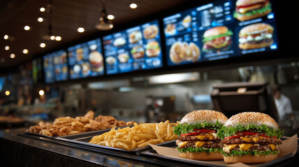 Wide close-up of fast food menu wall, illuminated boards displaying burgers, fries, and snacks, trays of food and ketchup visible below, clean modern interior with warm lighting