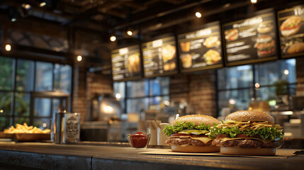 Close-up interior perspective of fast food restaurant, menu boards showing hamburgers, fries, and sides, mounted on wall above counter, food items and ketchup visible below, warm a