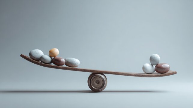 Balance concept with wooden scale and smooth stones on each side