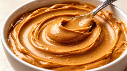 Fototapeta premium Close-up of Creamy Peanut Butter Swirl in White Ceramic Bowl with Spoon - Warm Comfort Food, Nutty Delight, Smooth Texture, Homestyle Indulgence