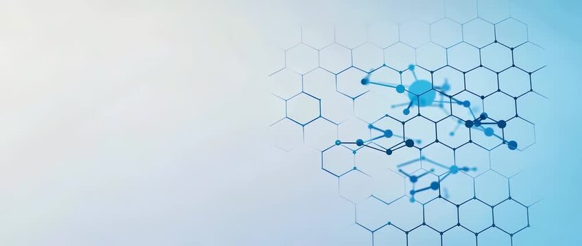 Abstract blue molecular structure with connected nodes set against a gradient light panel