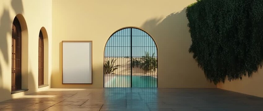 Empty interior space with blank frame arched doorway to a sunny courtyard with pool