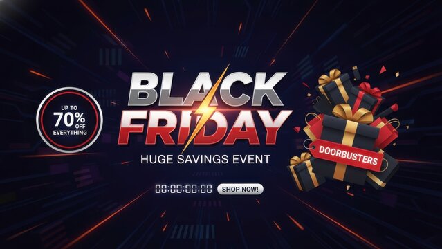 Dynamic Black Friday savings event featuring massive discounts and exclusive doorbuster deals with