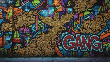 Dynamic Street Art Mural Blending Modern Graffiti with Elaborate Golden Phoenix Imagery and Text