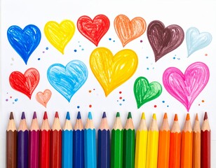 colored pencils and vibrant hearts drawing on white paper, happy valentine background