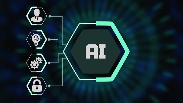 Artificial intelligence concept with neural network and machine learning icons for futuristic digital brain technology.