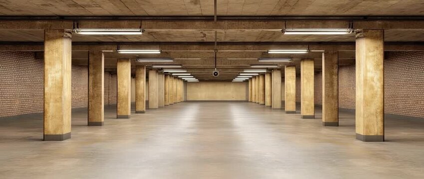 Empty dimly lit underground parking garage interior with rows of structural pillars and brick walls