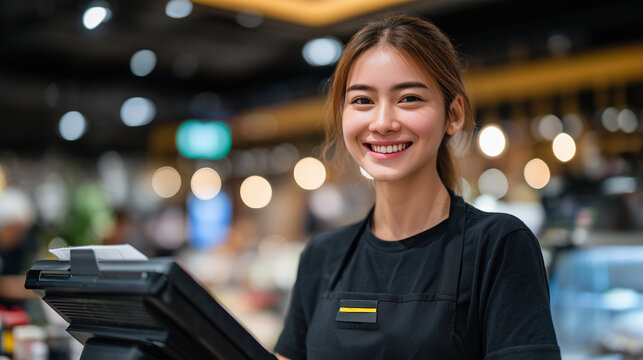 Close-up of a young Asian female cashier at a fast food counter, smiling while holding a customer&acirc;s order, card reader visible, bright modern interior, warm ambient lighting, frien