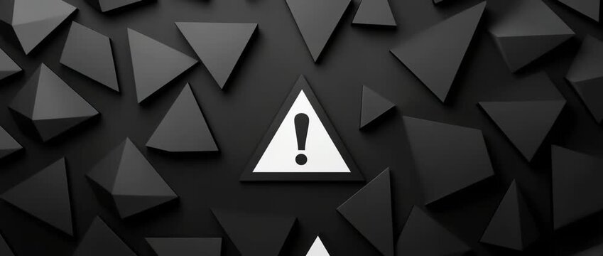 A warning sign with an exclamation mark centered among scattered dark three dimensional geometric shapes