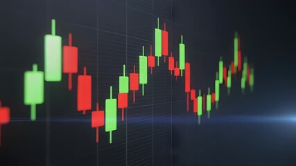 Close-up of a financial chart with red and green candlesticks on a dark background with a grid pattern, conveying a sense of market trends and trading activity. - Powered by Adobe