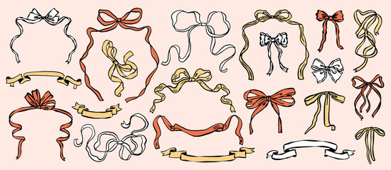 Whimsical bow and ribbon illustration collection in hand-drawn ink sketch style. Cute decorative bows and flowing ribbons for romantic, vintage, and aesthetic design projects.