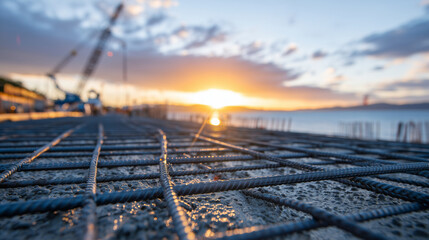 Low-angle view of concrete pouring on rebar, steel rods partially submerged in wet cement, dramatic sunset lighting creating warm highlights, construction site focus