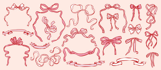 Whimsical bow and ribbon illustration collection in hand-drawn ink sketch style. Cute decorative bows and flowing ribbons for romantic, vintage, and aesthetic design projects.