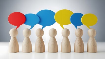 Several wooden pawn figures with colorful speech bubbles over their heads. Concept of social communication, dialog, team brainstorming, or diverse opinions sharing.