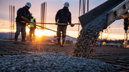 Side-angle shot of cement chute depositing concrete onto rebar, construction workers in silhouette, glowing sunset light casting long shadows across site, industrial building proce
