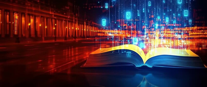 Glowing open book merges with digital abstract data streams above a blurred city scene