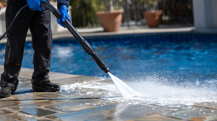 Cinematic side-angle of person using pressure washer, water blasting over tiles with visible dirt removal, sparkling clean poolside under bright sunshine, realistic outdoor setting