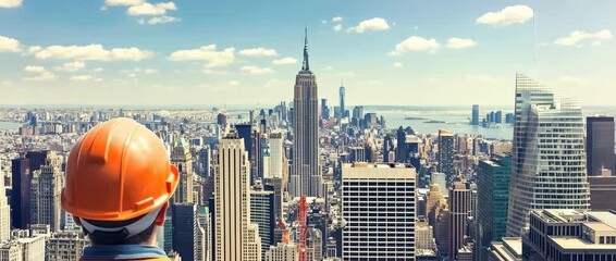 View from above of New York City skyline with a construction worker wearing an orange hard hat