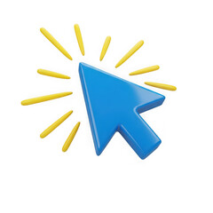 Obraz premium 3d blue cursor arrow icon shining with yellow light rays isolated on transparent background