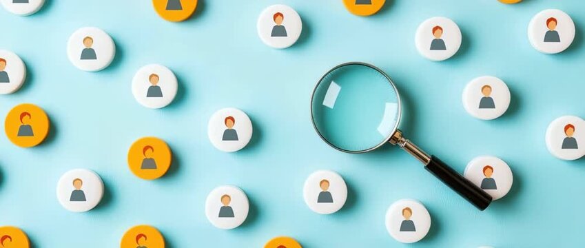 Magnifying glass focusing on a highlighted person icon among many employee profile badges