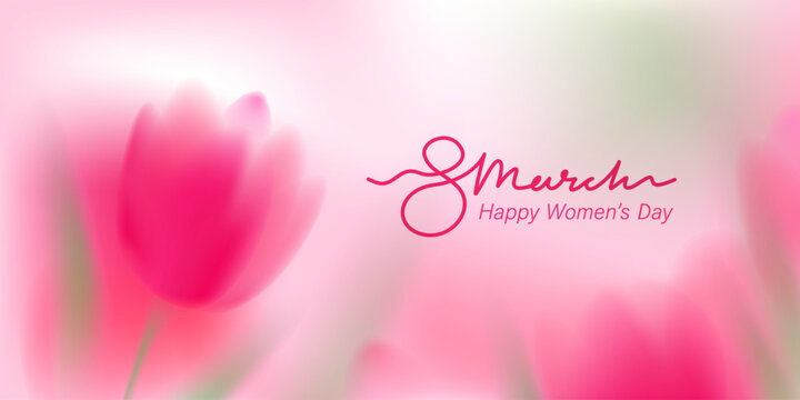 Spring floral background. Blurred gradient ethereal flowers.  Pink macro flowers. 8 March greeting card. Spring blooming field with tulips. Horizontal natural landscape.