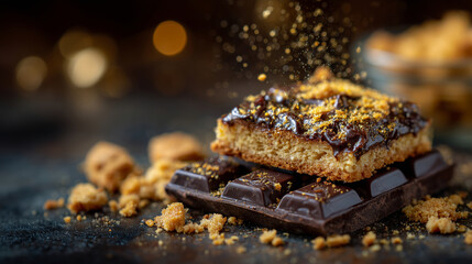Side view of chocolate bar with cookie pieces, crumbs falling onto reflective surface, golden toasted textures and glossy chocolate highlighted, close-up detail emphasizing indulge