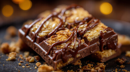 Macro close-up of chocolate bar with crunchy cookie chunks, melted chocolate reflections, toasted golden textures, shallow depth of field isolating the snack, indulgent dessert fee