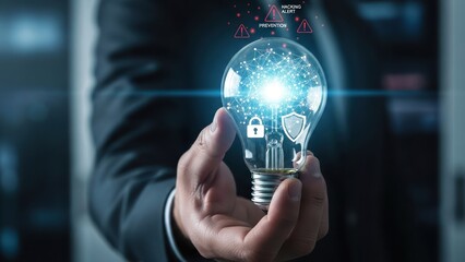 Closeup business professional hand holding glowing light bulb representing cybersecurity protection with data privacy and hacking alert prevention
