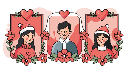Illustration of a man and two women surrounded by festive decorations and hearts, celebrating a joyful moment together
