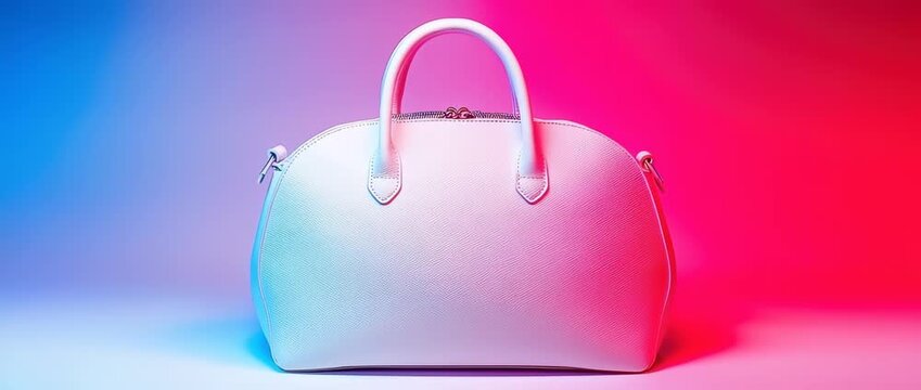 White dome shaped handbag with textured surface under vibrant blue and magenta lighting