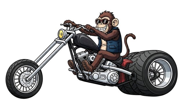 Cartoon Monkey Riding Custom Chopper Motorcycle with Oversized Rear Tire.