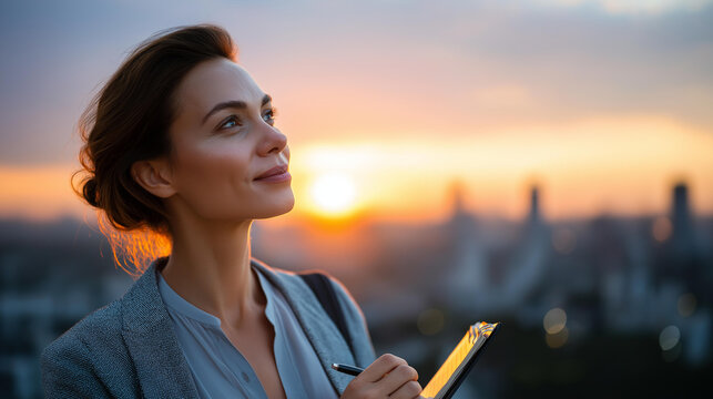 Woman reflecting at sunrise display, writing notes above city clouds, contemplative urban visualization, elevated observation concept, professional morning representation, with copy space
