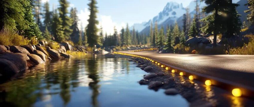 Serene mountain road bordered by water stream and illuminated with glowing path lights