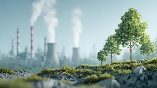 The dichotomy between pristine nature and industry. Green trees flourish in the foreground while smoke billows from an industrial plant in the background