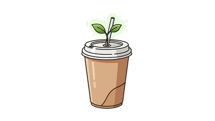 Eco friendly coffee cup with green leaves growing from straw representing sustainable recycling and environmental conservation for biodegradable packaging and nature friendly beverage container use