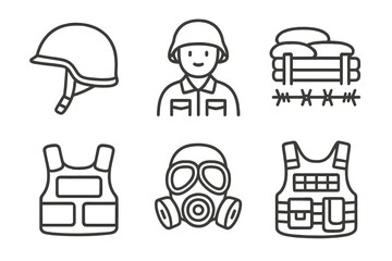 Military icons set: helmet, soldier, sandbags, tactical vest, gas mask